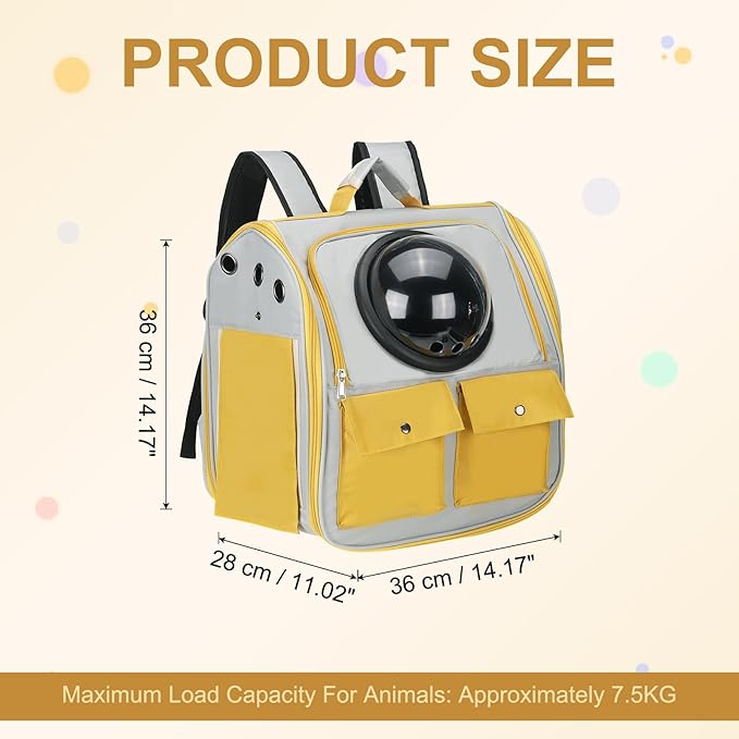 Pet Backpack Carrier, Portable and Ventilated, Oxford Cloth, Dogs Cats and Small Animals Travel Bag 12.99", (Yellow, 1 Pcs), Intended for Hiking/Camping/Traveling