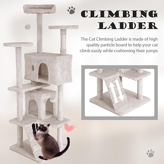 Heavy Duty Cat Tree Tower, 70" Tall Cat Tower for Indoor Cats with Cat Scratching Post with Bed, Cat Condo, Hanging Ball, Multi-Level Cat Climbing Tower Cat Trees Furniture Activity Center, Beige