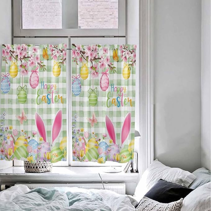 Happy Easter Kitchen Curtains 45 Inches length, Spring Bunny Eggs Flower Sage