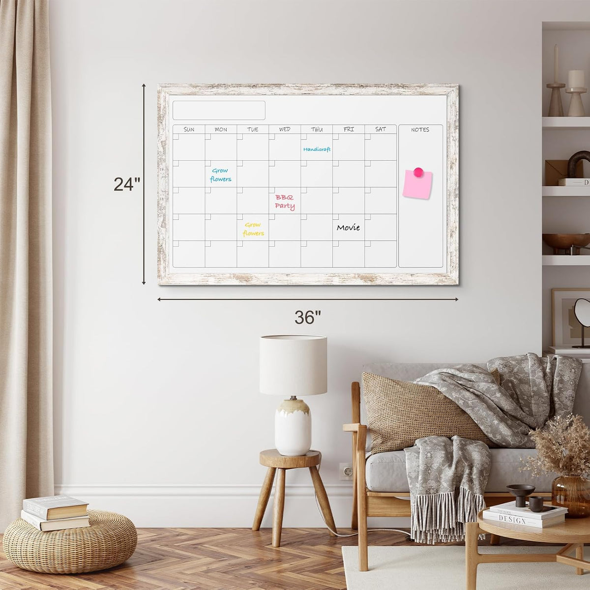 Monthly Dry Erase Calendar Whiteboard for Wall, 36"x24", Rustic Wood Frame