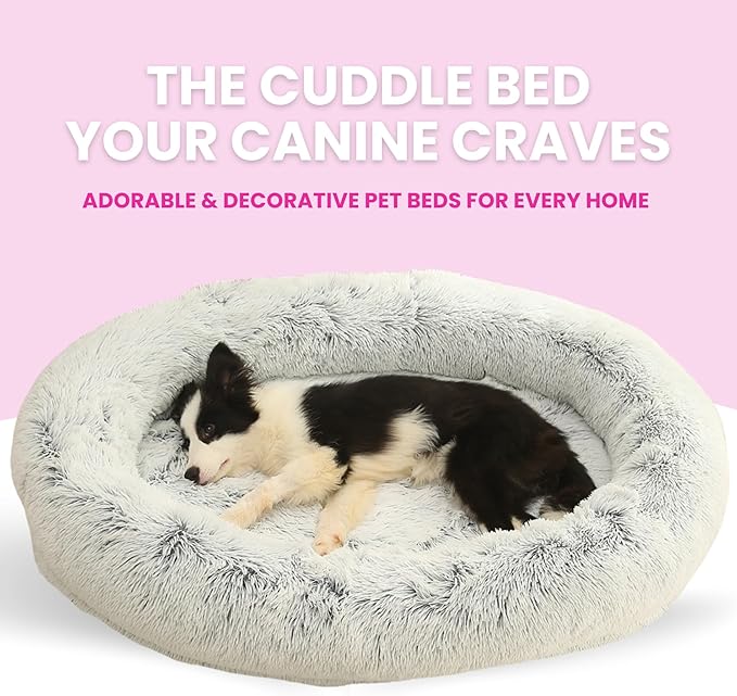 Glow Pups Dog Bed Ultra-Soft Faux Fur Calming Comfort, Memory Foam, Nesting Bolster, Removable Fur Cover, Non-Slip Base, Machine Washable, Deep Sleep Bed, Light Grey (35.4 X 25.6 X 7.9)