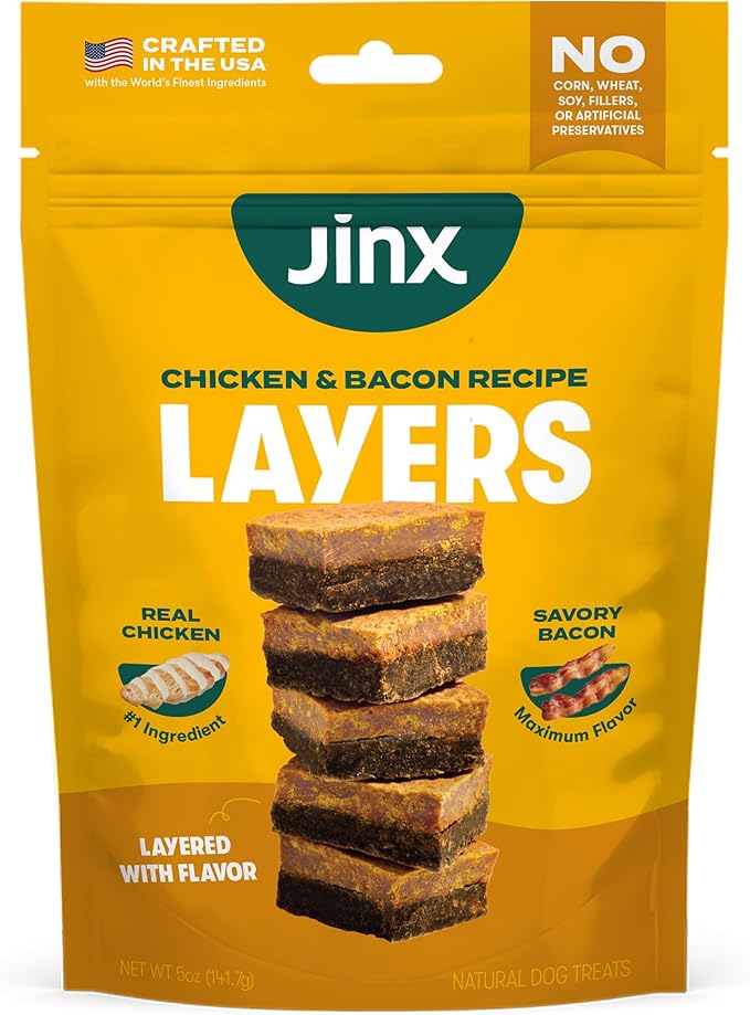 Jinx Chicken & Bacon Layers Jerky Dog Treats - Crunchy, All Natural Dog Jerky Treats with Cage-Free Chicken & Bacon - Pet Products for All Dogs (Puppies, Adults & Seniors) - 5oz