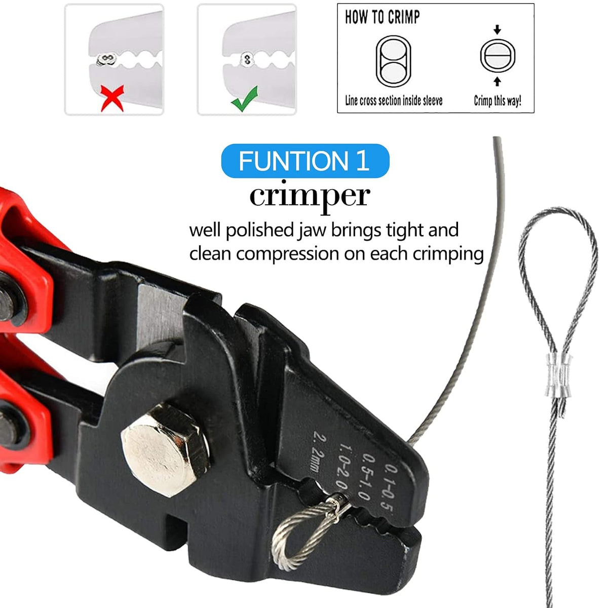 Wire Rope Crimping Tool Kit, with 1/16-304 Stainless Steel Cable 165 ft (7x7 Strand Core), 100 Cable Ferrule Aluminum Loop Sleeve Stops (165ft Rope 100 Loop, Red, 1)