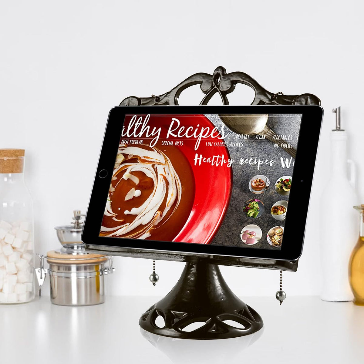 JOGREFUL Adjustable Cast Iron Cookbook Stand, Recipe Holder Latte Gold