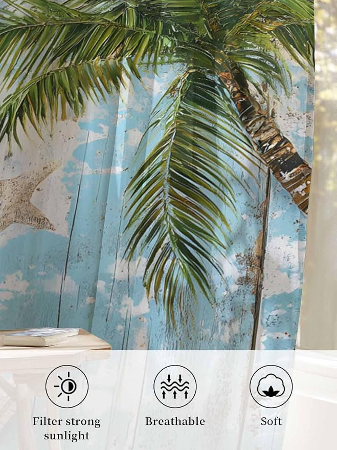 Sheer Curtains 63 Inch Length, Coastal Beach Blue Semi Sheer Curtains Light