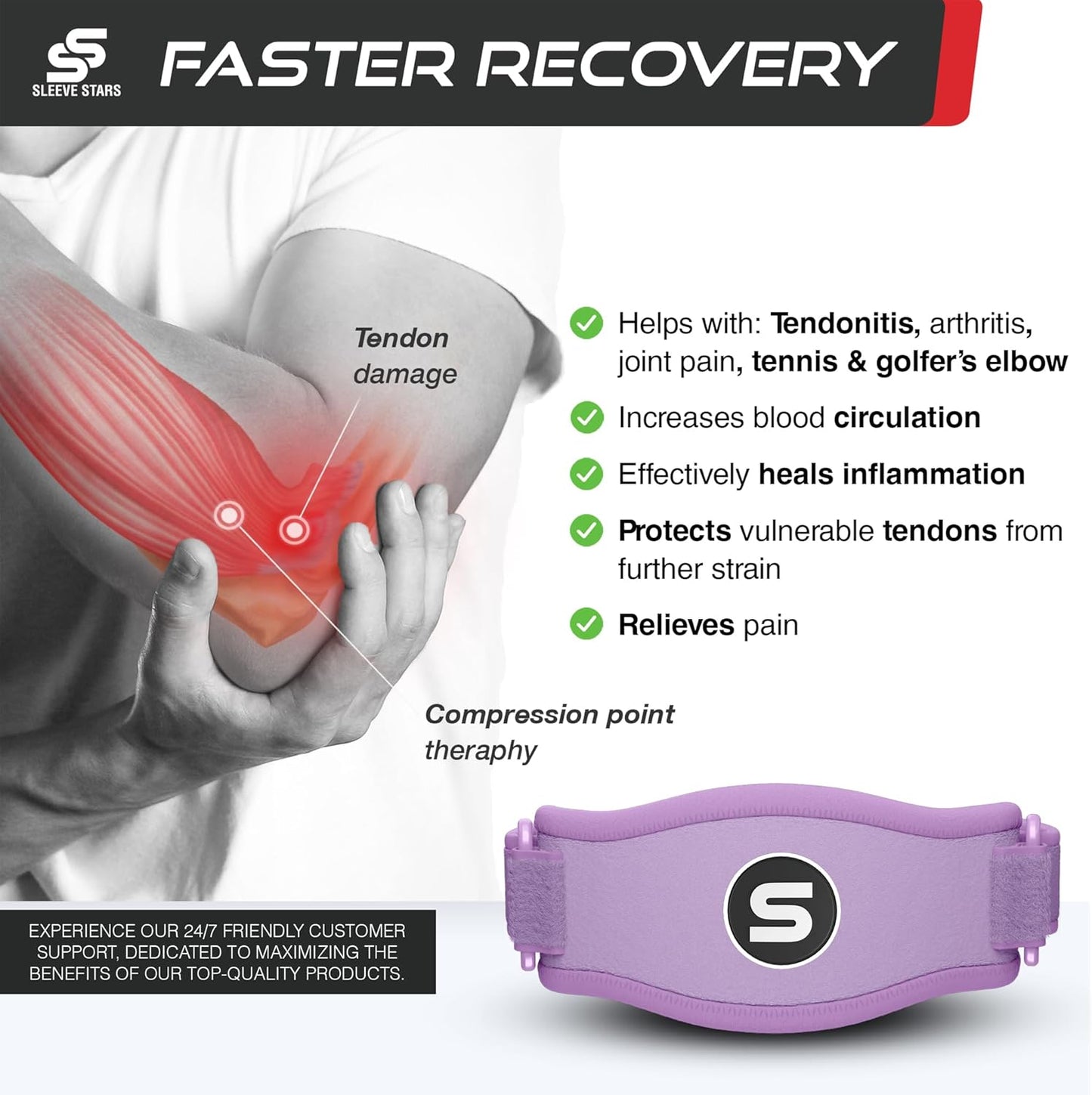Sleeve Stars Tennis Elbow Brace for Women - Adjustable Tennis Elbow Strap, Golfers Elbow Brace for Men, Counterforce Brace for Tendonitis Relief, Fits 9"-23" (Single/Light Purple)