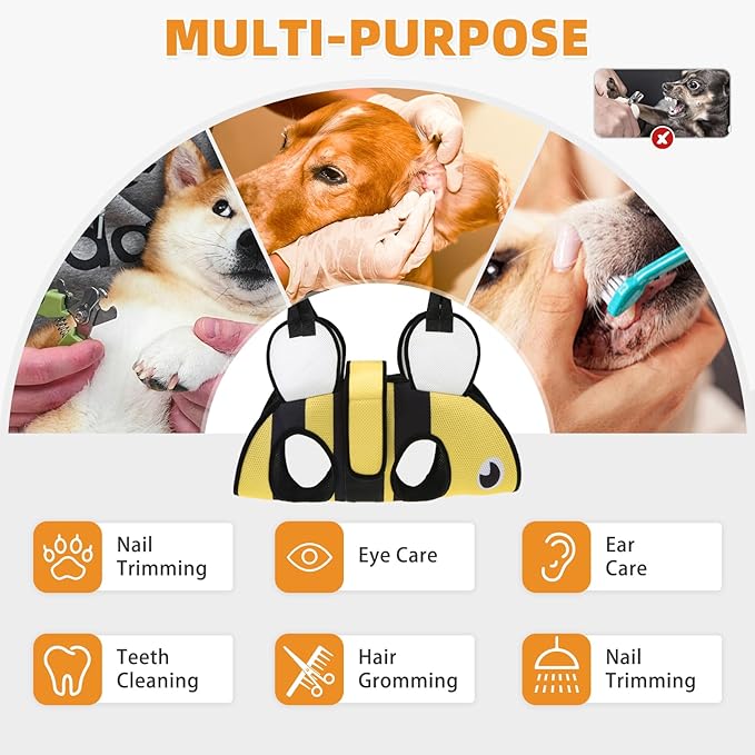 Dog Grooming Hammock for Small Dogs Cats, Cute Bee Design Dog Hanging Harness for Nail Trimming/Clipping,Pet Sling with Grooming Kit and Thick Neck Support & Strap Restraint Claw Care, S
