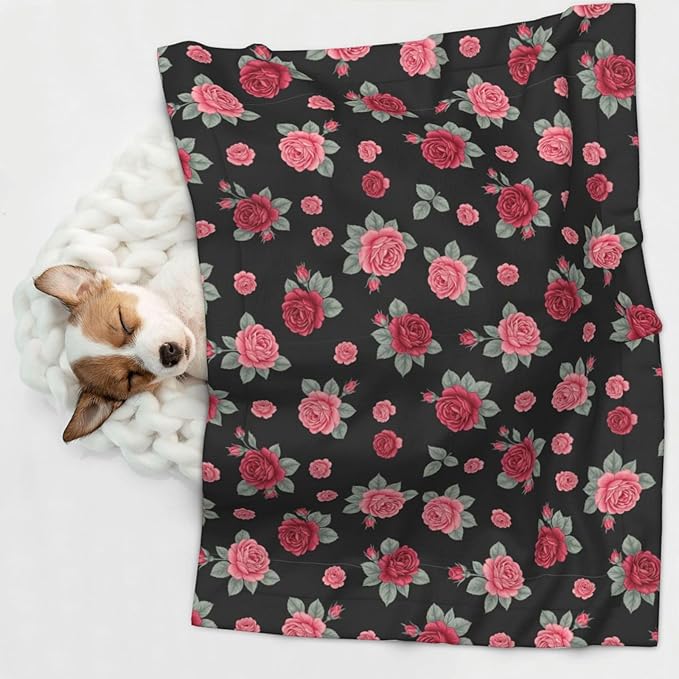 Reversible Plush Dot Pet Blanket for Dogs and Cats, Rose Seamless Pattern Pink, Ultra Soft Two Sided Design with Warm Fuzzy Side and Smooth Side for Comfort