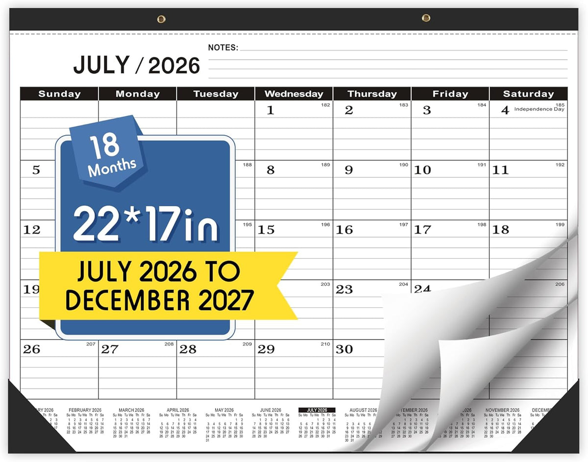 Desk Calendar 2026-2027,July 2026 to December 2027,Desk calendar 2026-2027 Large 22x17, Classroom Calendar 2027 with PVC Cover,Round Holes& NOTES List (Black),18 Months Calender 2027