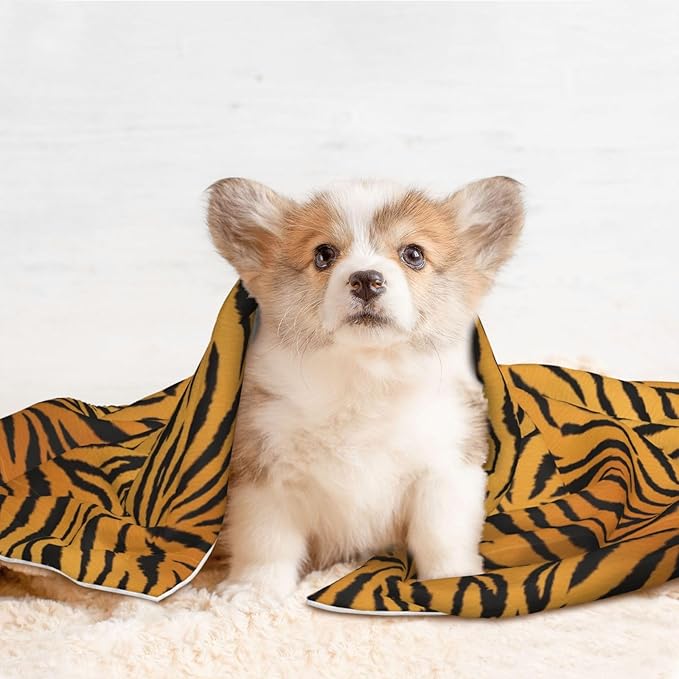 Reversible Dog Blanket for Beds Couches, Animal Print Tiger Black Gold, Double Sided Cat Blanket with Textured Dot Feel and Smooth Feel for Seasonal Comfort All Year