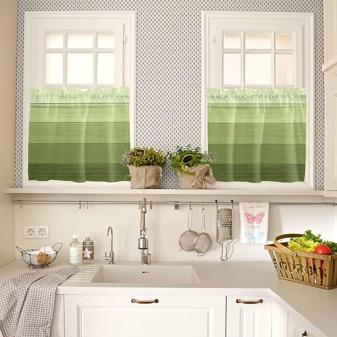 Gradient Green Wooden Board Window Valance Curtains, Retro Country Wood Grain