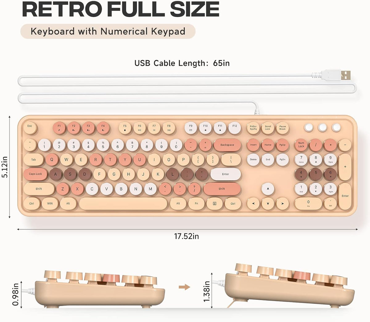 Dilter Wired Keyboard, 104 Keys Full-Sized Typewriter Keyboards, USB Plug and Play Office Keyboard with Number Pad, Caps Indicators, Foldable Stands for Windows, PC, Laptop, Desktop (Milk-Tea)