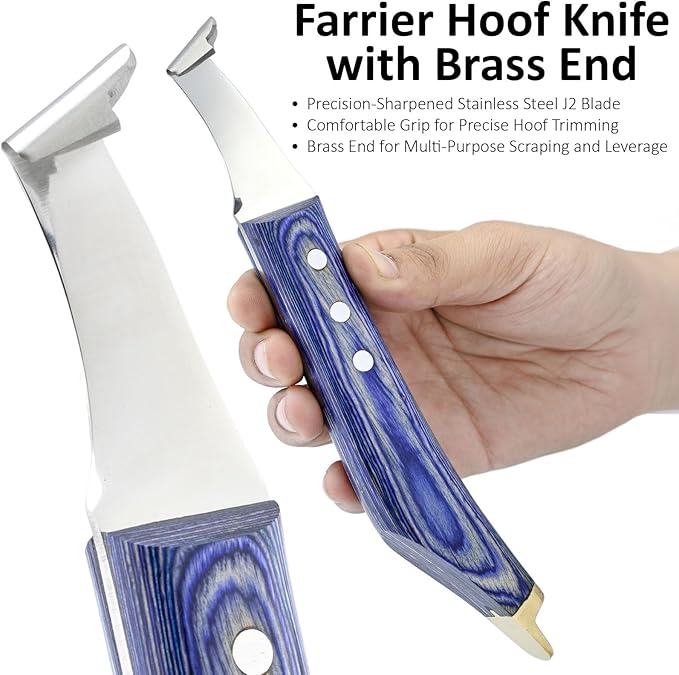 Premium Farrier Loop & Hoof Knife with Brass End – Professional Hoof Trimming Tool for Horses, Cows & Livestock, Stainless Steel Blade, Ergonomic Wood Handle (Blue)