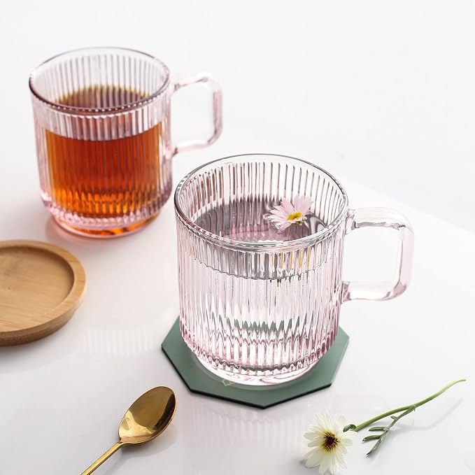 Lysenn Pink Glass Mug with Lid, Premium Glass Coffee Mug, 12 oz Tea Cup |