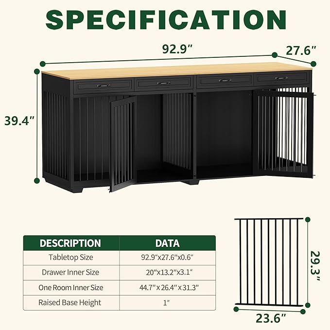 Extra Large Dog Crate Furniture, 93 Inch Heavy Duty Wooden Dog Kennel with Drawers & Removable Divider, Indoor Furniture Style Luxury Double Rooms Dog House for XL Large Dogs, Black