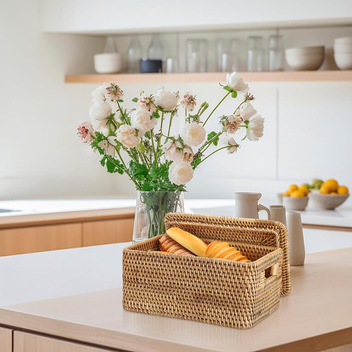 Hipiwe Rattan Basket with Lid Rectangular Lidded Wicker Storage Basket Bin