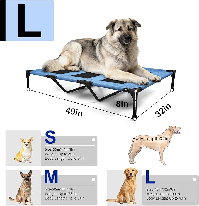 Raised Dog Bed Cooling Cot for Indoor Outdoor Use Portable Waterproof Mesh Pet Bed Washable for Large Medium Small Dogs, Blue