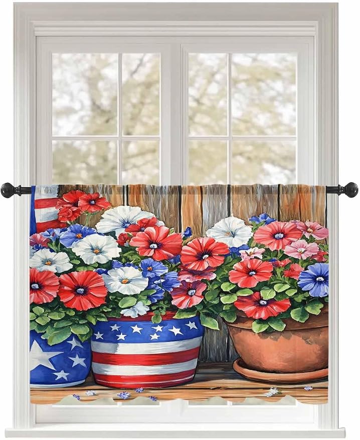 Sheer Curtains 54 Inch Length, Retro Independence Day Flag Wood Grain Privacy