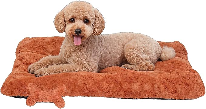 Washable Dog Bed for Small to Large Dogs, Calming Anti Anxiety Medium Dog Bed, Deluxe Plush Faux Fur Crate Beds, Comfy Fluffy Kennel Pad Pet Sleeping Mat with Non-Slip Bottom, 35"x22", Brown