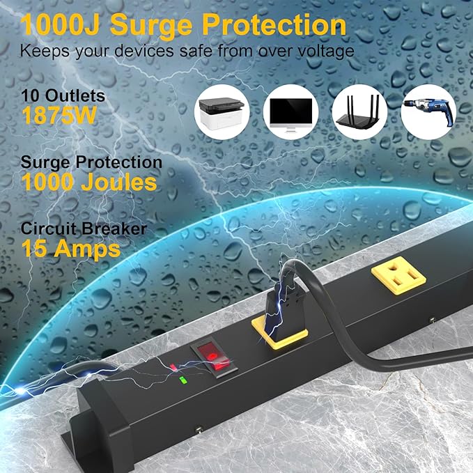 10 Outlet Surge Protector, Long Metal Wide Spaced Garage Industrial Power Strip, Heavy Duty with 6 FT Cord, 15A, 125V, 1875W, 2700 Joules, 2Pack, SGS Listed