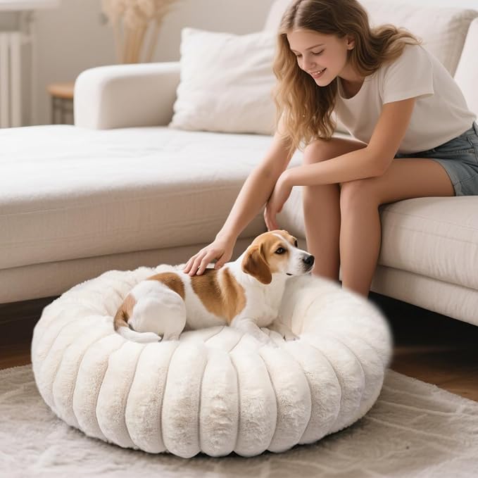 Donut Dog and Cat Bed, Luxurious Comfortable Faux Rabbit Fur Pet Beds, Soft Anti-Anxiety Calming Puppy Kitten Bed with Anti-Slip Bottom for Small Medium Dogs & Cats(23", White)