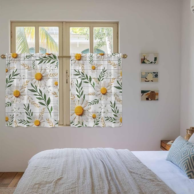 Spring Daisy Tier Curtains, Farmhouse Country Flower Leaf Plant Wood Grain