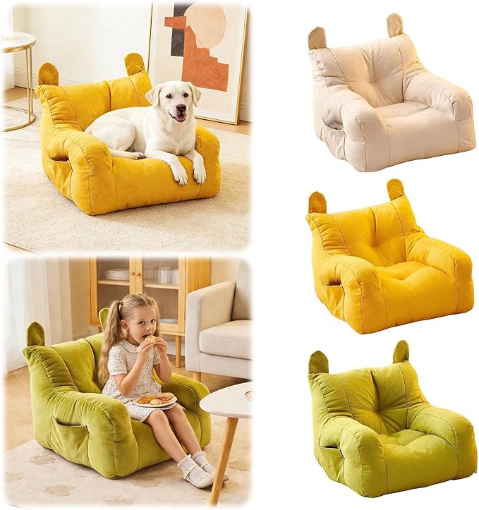 Cute Ear Pet Sofa Bed, Pet Bed Mat, Linen Pet Bed for Small & Medium Dogs and Cats, Soft Washable Pet Furniture Beds Supplies for Dog Kitty (White)