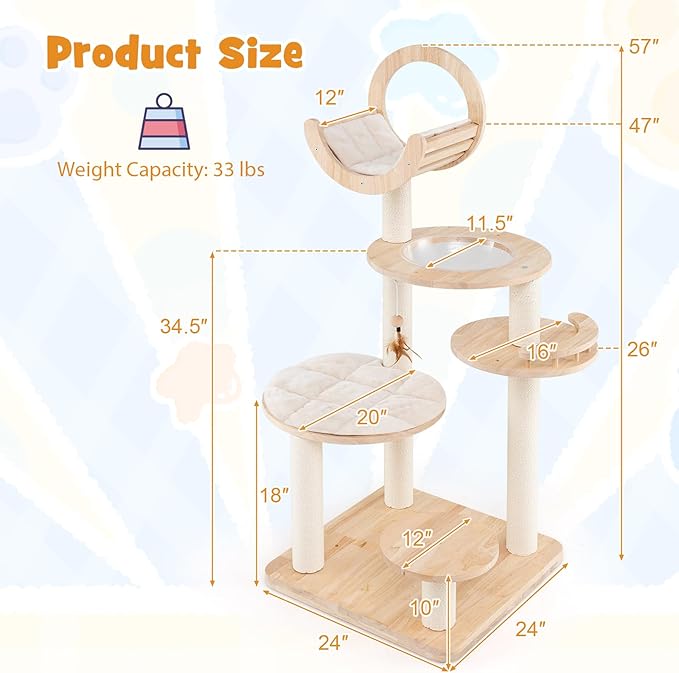 Nightcore 57” Tall Solid Wood Cat Tree for Indoor Cats, Building Block Kitten Tower w/Perch, Scratching Posts, Washable Cushions, 4 Install Options, Multi-Level Cat Activity Center Climbing Furniture
