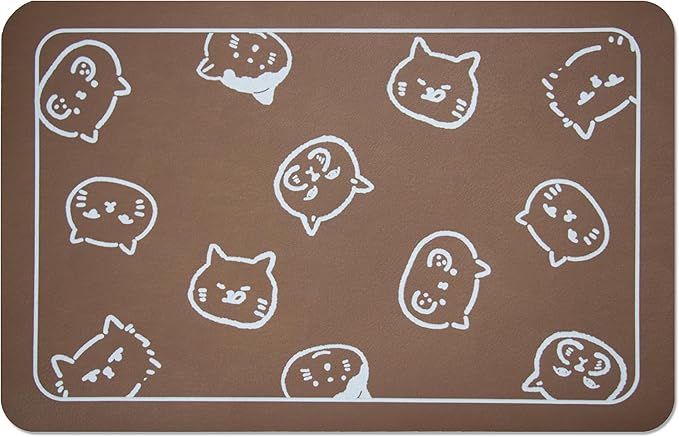 YCT Cat Food Mat for Pet Dog Food Mat, Cat Mat for Food and Water, Cat Feeding Mat Pet Dog Cat Bowl Mat, Non-Slip Super Absorbent, with Multiple cat Heads Logo，24 x 16.9 inches, Brown