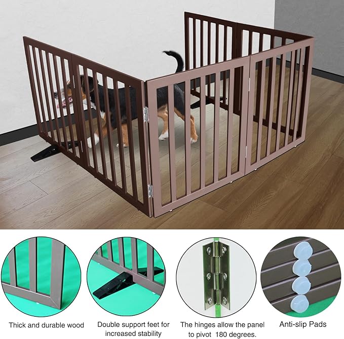 ZJSF Freestanding Indoor Dog Gate for House Foldable Wood Puppy Gate for Doorways Pet Gate for Stairs Extra Wide Pet Fence, Brown, 32" Height 6 Panels
