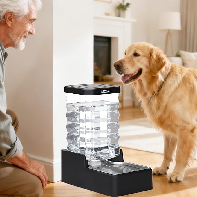 RIZZARI Stainless Steel Pet Water Feeder: 9L Large Gravity Waterer - Less Refills All-Day Water - No Mess Keeps Floors Dry - Quiet Refill - for Medium to Large Dogs - Workday/Day Trip