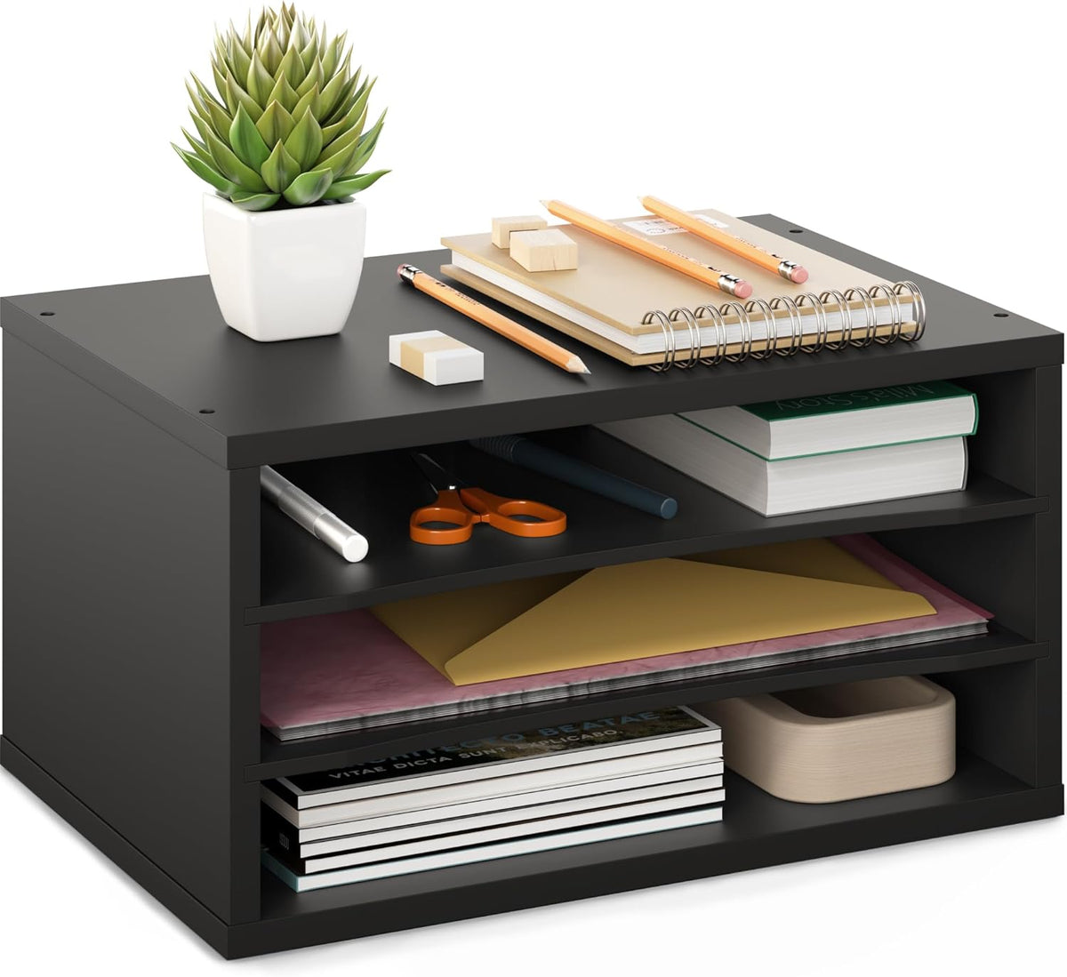 Ballucci Paper Organizer, 3-Tier Stackable Wood Desk Organizer, Document File Organizer and Mail Sorter with Adjustable Storage Shelves, Black