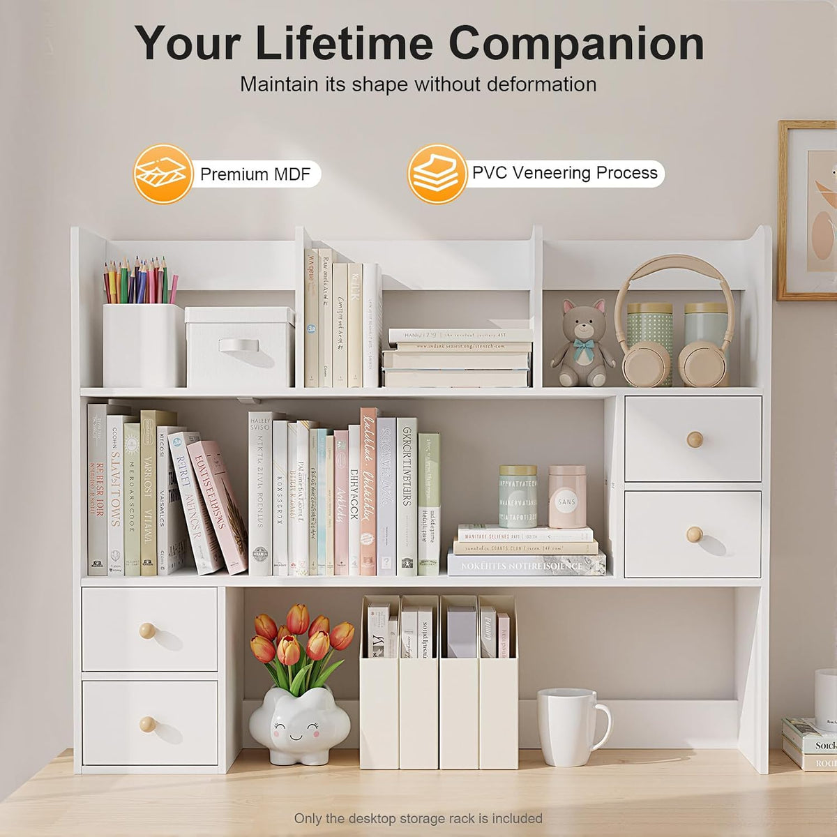 Wood Dorm Desktop Storage Rack, Office Desk Bookshelf Holder, Desktop Bookshelf Storage with 4 Small Storage Cabinets, Desktop Rack for Classrooms, Offices, Dormitories, Study Rooms (White)