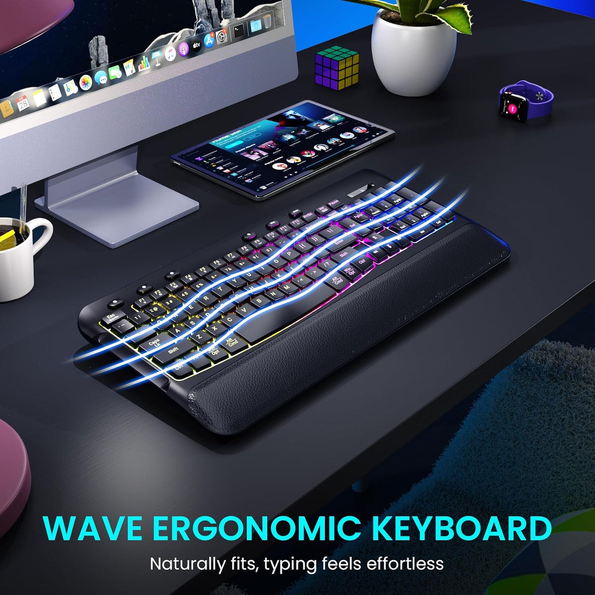 Ergonomic Wave Wireless Keyboard Mouse Combo, 9 RGB Backlit, Silent Keys