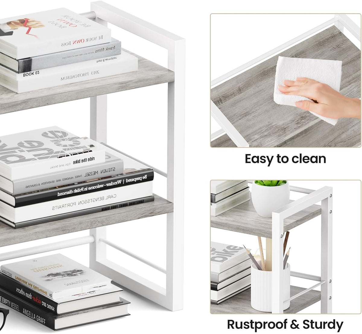 Office Desk Shelf Organizer, Wood Desktop Bookshelf Supplies Storage Rack, Shelf for Top of Desk and Dresser (Grey-2 Tier)