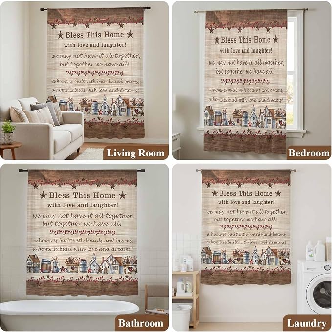 Farmhouse Sheer Curtains 45 Inch Length Brown Country Star Berry Vintage Wood