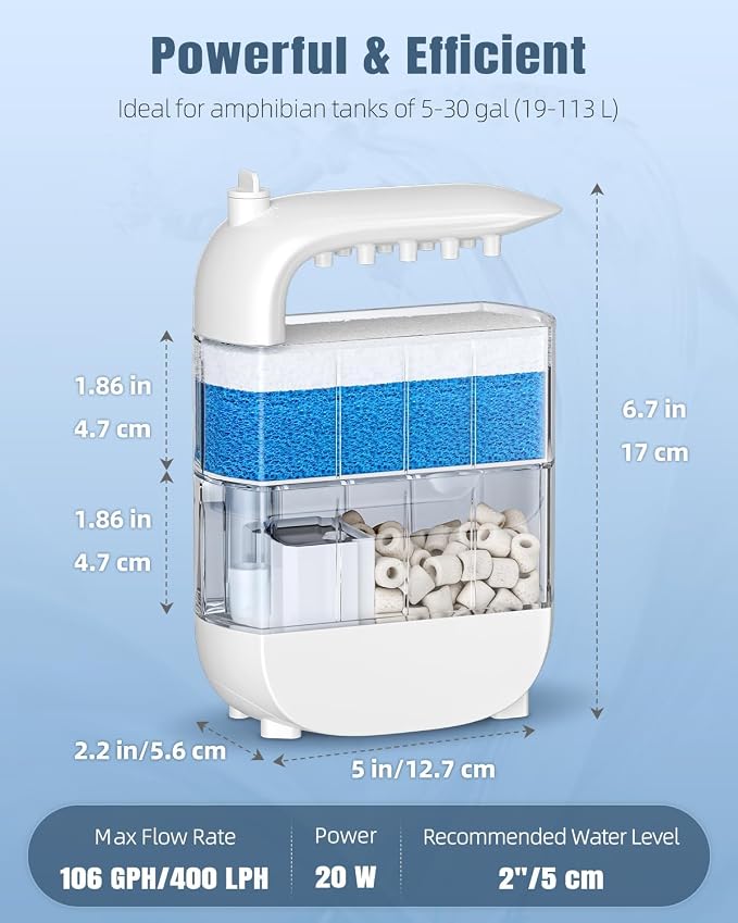 Pawfly 106 GPH 5 W Turtle Tank Filter, Low Water Level Turtle Filter