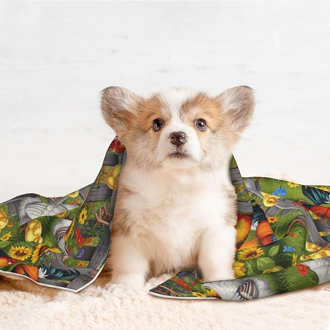 Pet Blanket for Indoor Outdoor Use, Chicken Rooster Garden Flowers Painting, Two Sided Reversible Plush Mat with Bumpy Dot Texture for Patios Crates Portable Bed Companion