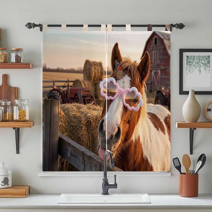 Farm Horses Bathroom Curtains 63 Inch Length, Window Curtains Tab Top,