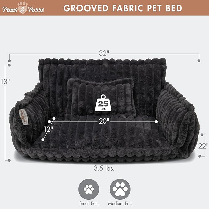 Grooved Pet Bed for Small to Medium Dogs or Cats, Soft Ribbed Corduroy-Style Polyester Fabric, Supportive Bolsters, Removable Cover, Non-Slip Base, Sofa Pet Lounger with Mini Play Cushion, Dark Gray
