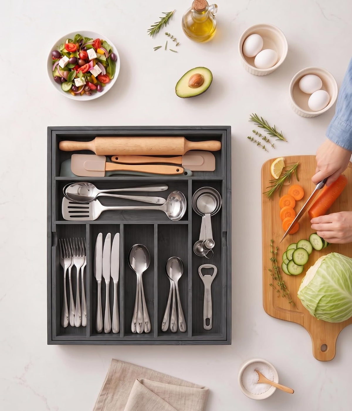 Expandable Bamboo Silverware Organizer, Kitchen Utensil Drawer Organizer