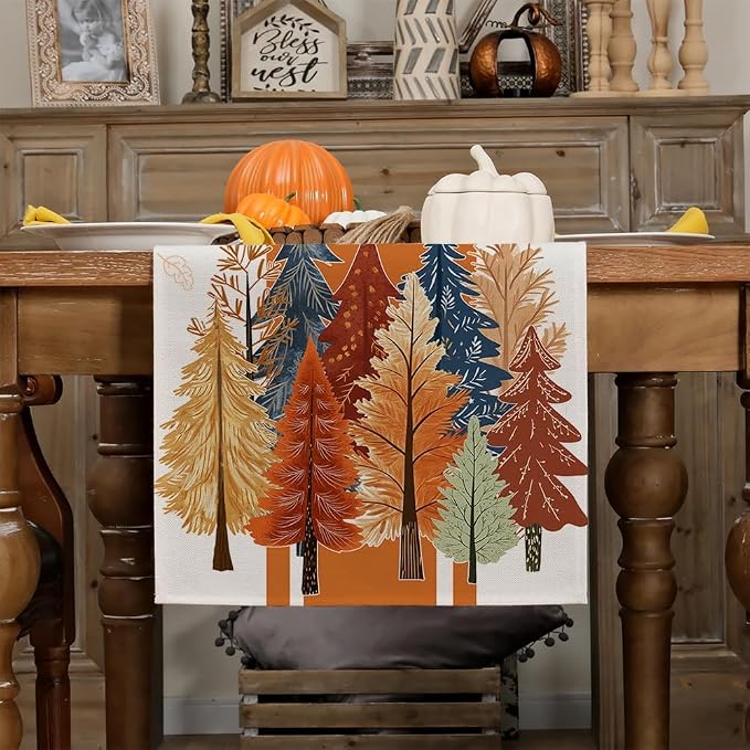 Fall Watercolor Trees & Maple Leaves Striped Table Runner 13x108 Inch, Rustic