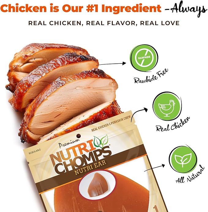 NutriChomps Dog Chews, Ear Shaped, Real Chicken Flavor, 1 Count, Easy to Digest, Rawhide Free Dog Treats, Long Lasting, Vitamin and Mineral Enriched