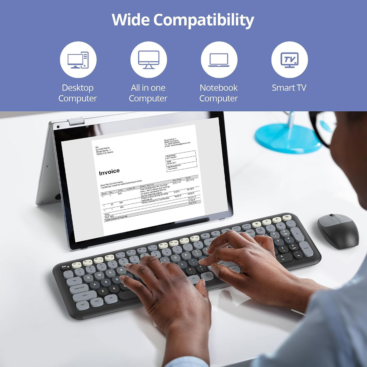 Wireless Typewriter Keyboard and Mouse Combo Retro 104 Key Full Size Office Set Black and Gray Keyboard with Silent Round Keycaps, Ideal for Laptop and Desktop PCs, Cute Design Keyboard