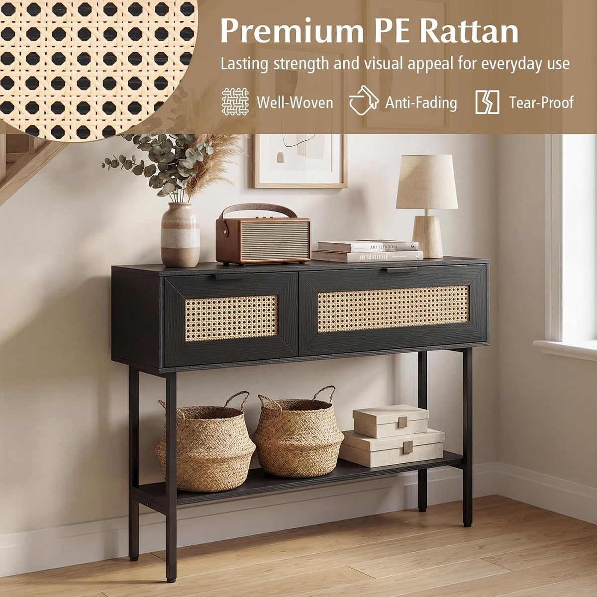 GIANTEX Rattan Console Table with Storage, 40" Long Boho Entryway Table