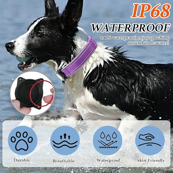 Upgraded AirTag Dog Collar, IP68 Waterproof Dog Collar with Apple Air Tag Holder, Reflective Adjustable Heavy Duty Dog Collars with Soft Padded for Small, Medium and Large Dogs,Purple, S