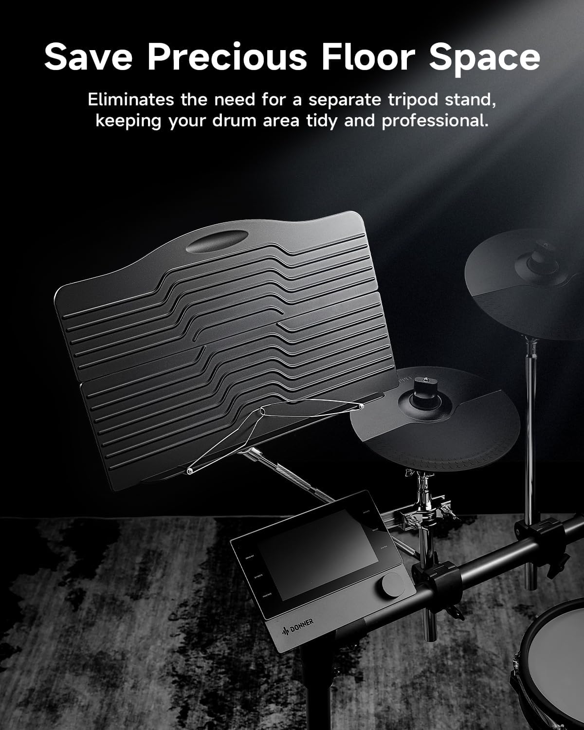 Donner Sheet Music Holder, Adjustable Clamp On Sheet Music Tray for Drummers with Multi-Joint Arm, Space-Saving Percussion Sheet Music Tray for Acoustic Electric Drum, Fits 15-35mm Cymbal Stands
