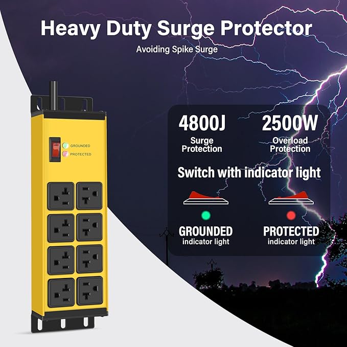CCCEI Yellow Heavy Duty Power Strip Surge Protector 20 AMP, 8 Outlets 12 Gauge Industrial Shop Garage Metal Multiple Outlets, 4 FT Extension Cord 5-15P Adapter High Amp 6-20R T-Slot 20a for Appliance