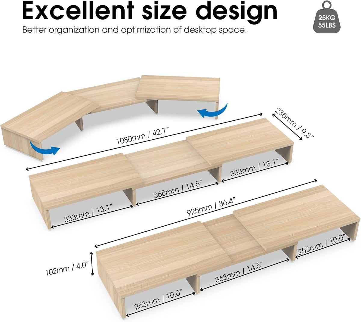 FITUEYES Dual Monitor Stand Riser, Adjustable Length and Angle, Oak