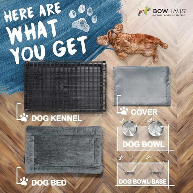 30-Inch Single Door Dog Crate Kit Includes Crate Cover, Dog Bed & 2 Bowls and Bowl Racks, Indoor Dog Cage Bundle Set, Foldable Wire Metal Dog Kennel w/Pan for Small, Medium Dog